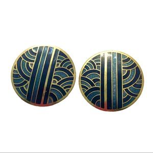 Cloisonne Enamel Gold Tone Circle Stud Earrings Geometric Stripes Signed SG